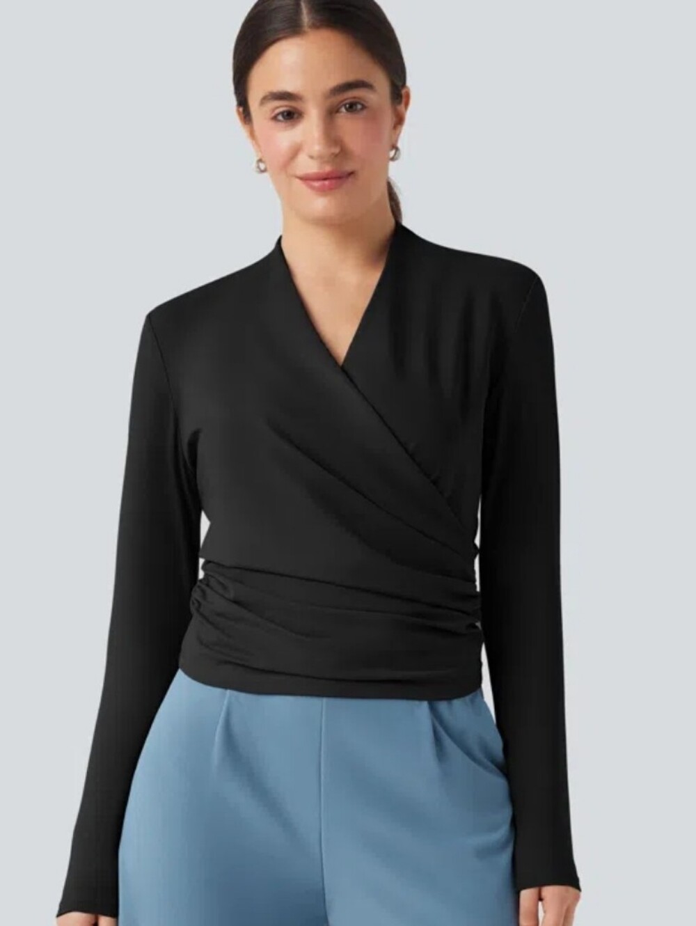 Halara V Neck Long Sleeve Ruched Work Top Blouse